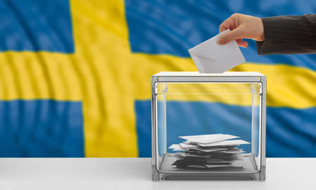 Voter on an waiving Sweden flag background. 3d illustrationの写真素材