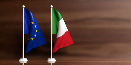 Italy and European Union miniature flags on wooden background. 3d illustrationの写真素材
