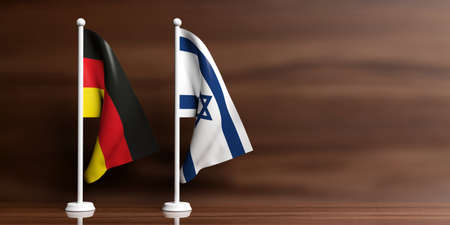 Israel and Germany miniature flags on wooden background. 3d illustrationの写真素材