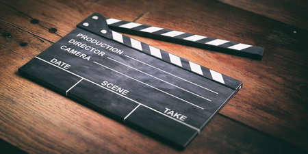 Movie clapper on wooden background. 3d illustrationの写真素材