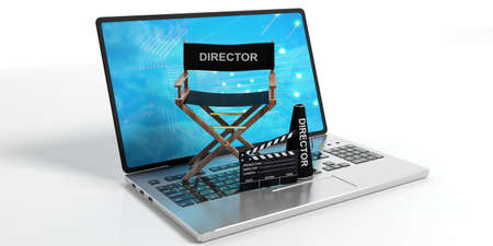 Movie director chair on a laptop isolated on white background. 3d illustration