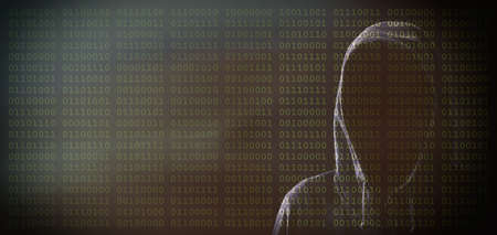 Hooded faceless man on binary code background