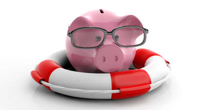 Life buoy and piggy bank isolated on white background. 3d illustrationの写真素材
