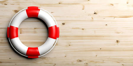 Life buoy on wooden background with copy space. 3d illustrationの写真素材