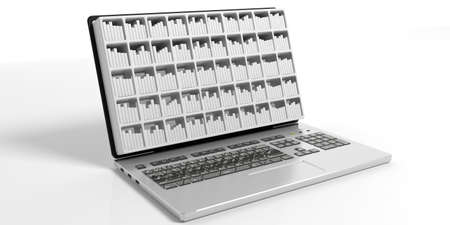 Laptop with bookcase isolated on white background. 3d illustrationの写真素材