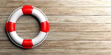 Life buoy on wooden background with copy space. 3d illustrationの写真素材