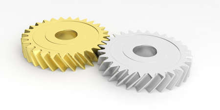 Gears silver and golden on white background. 3d illustrationの写真素材