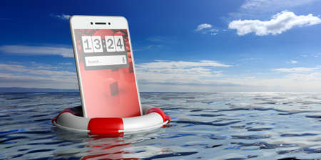 Life buoy and a smartphone on blue sky and sea background. 3d illustrationの写真素材