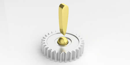 Golden exclamation mark- gear on white background. 3d illustrationの写真素材