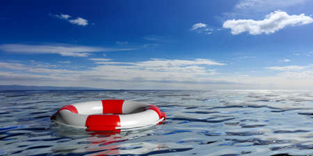 Life buoy on blue sky and sea background. 3d illustrationの写真素材