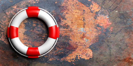 Life buoy on metal rusty background with copy space. 3d illustrationの写真素材
