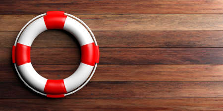 Life buoy on wooden background with copy space. 3d illustrationの写真素材