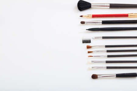 Makeup brushes set and copyspace on white backgroundの写真素材