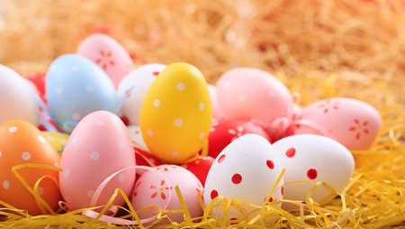 Colorful pastel Easter eggs on straw backgroundの写真素材