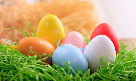 Variety of colorful Easter eggs on grassの写真素材