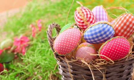 Variety of colorful Easter eggs on grassの写真素材