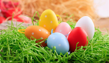 Variety of colorful Easter eggs on grassの写真素材
