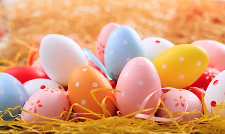Colorful pastel Easter eggs on straw backgroundの写真素材
