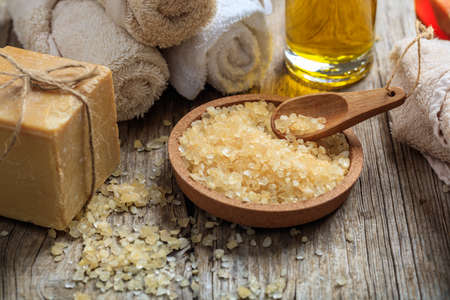 Spa and wellness setting on wooden backgroundの写真素材