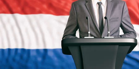 Businessman or politician making speech on Netherlands flag background. 3d illustrationの写真素材