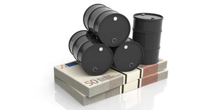 Black oil barrels on fifty euros banknotes. 3d illustrationの写真素材