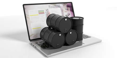 Black oil barrels on a laptop isolated on white background. 3d illustrationの写真素材