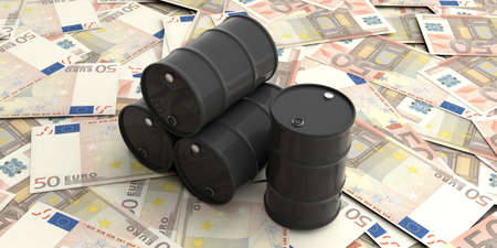 Black oil barrels on fifty euros banknotes. 3d illustrationの写真素材