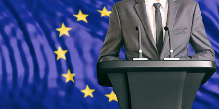Businessman or politician making speech on European Union flag background. 3d illustrationの写真素材