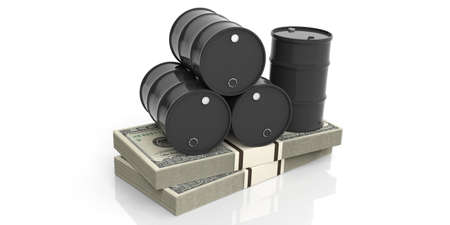 Black oil barrels on one hundred dollars banknotes. 3d illustrationの写真素材
