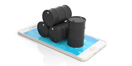 Black oil barrels on a smartphone isolated on white background. 3d illustrationの写真素材