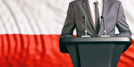 Businessman or politician making speech on Poland flag background. 3d illustrationの写真素材