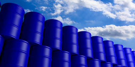 Blue oil barrels stack on blue sky background. 3d illustrationの写真素材