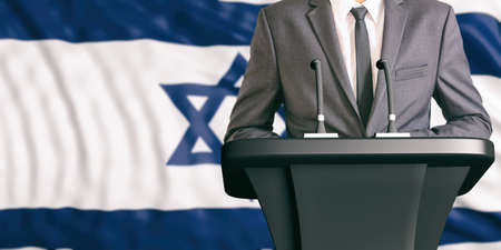 Businessman or politician making speech on Israel flag background. 3d illustrationの写真素材