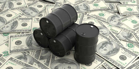Black oil barrels on one hundred dollars banknotes. 3d illustrationの写真素材
