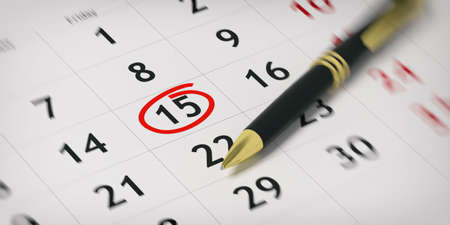 Black ballpoint pen on a calendar and day 15 circled. 3d illustrationの写真素材