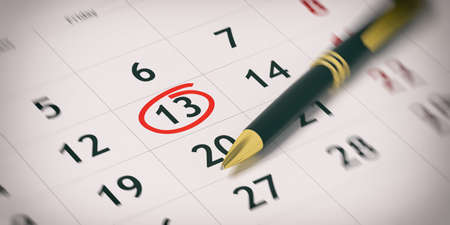 Black ballpoint pen on a calendar and day 13 circled. 3d illustrationの写真素材