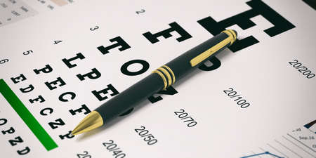 Black ballpoint pen isolated on an eye vision test. 3d illustrationの写真素材