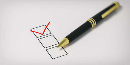 Red mark on a checklist on white paper. 3d illustrationの写真素材