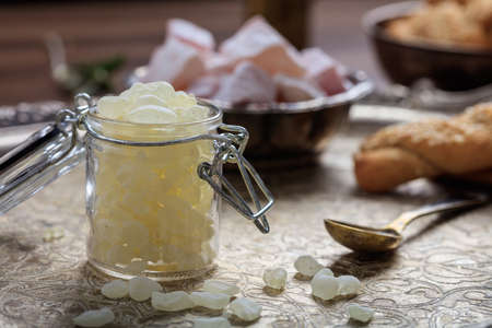 Chios mastic tears in a glass jarの写真素材