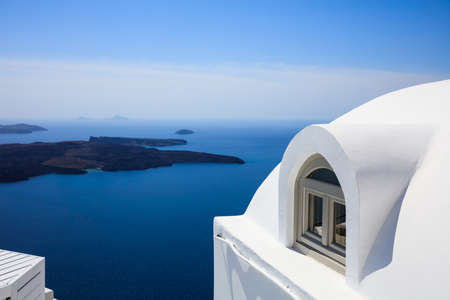 Santorini island, Greece - White house detail and caldera viewの写真素材