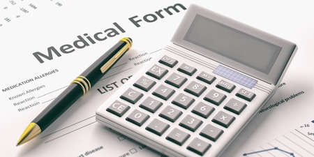 Calculator on a medical form. Healthcare cost concept. 3d illustrationの写真素材