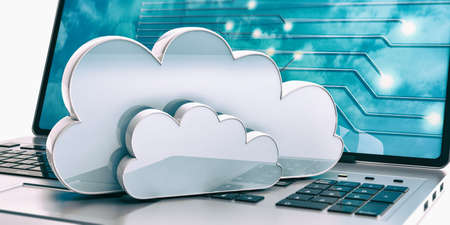 Computer cloud on a laptop on white background. 3d illustrationの写真素材