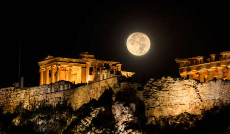 Full moon over Acropolis of Athens, Greeceの写真素材