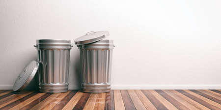 Two trash bins on a wooden floor. 3d illustrationの写真素材
