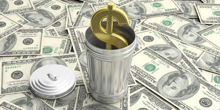 Golden dollar symbol and steel trash bin on American dollars banknotes. 3d illustrationの写真素材
