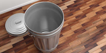 Empty trash bin on a wooden floor. 3d illustrationの写真素材