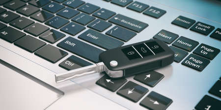 Car key on a computer keaboard. 3d illustrationの写真素材