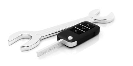 Car key and a spanner isolated on white background. Car service concept. 3d illustrationの写真素材