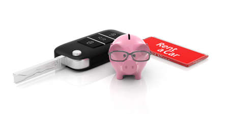Rent a car and a piggy bank isolated on white background. 3d illustrationの写真素材