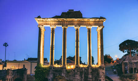 Temple of Saturn in Roman Forum - night viewの写真素材